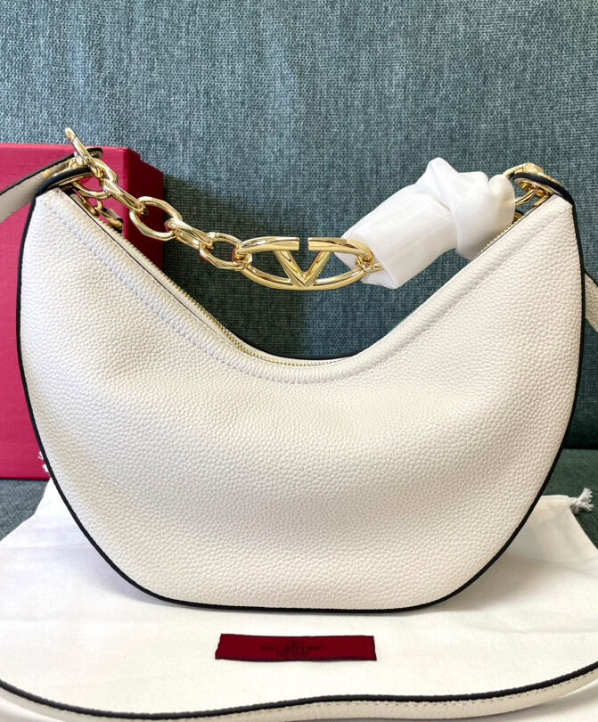 Valentino Small Vlogo Moon Hobo Bag In Grainy Calfskin With Chain